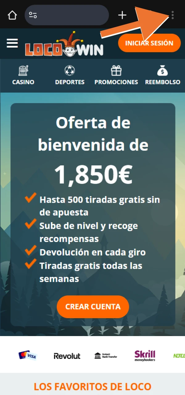 Abre el menú del navegador para añadir un acceso directo a LocoWin.