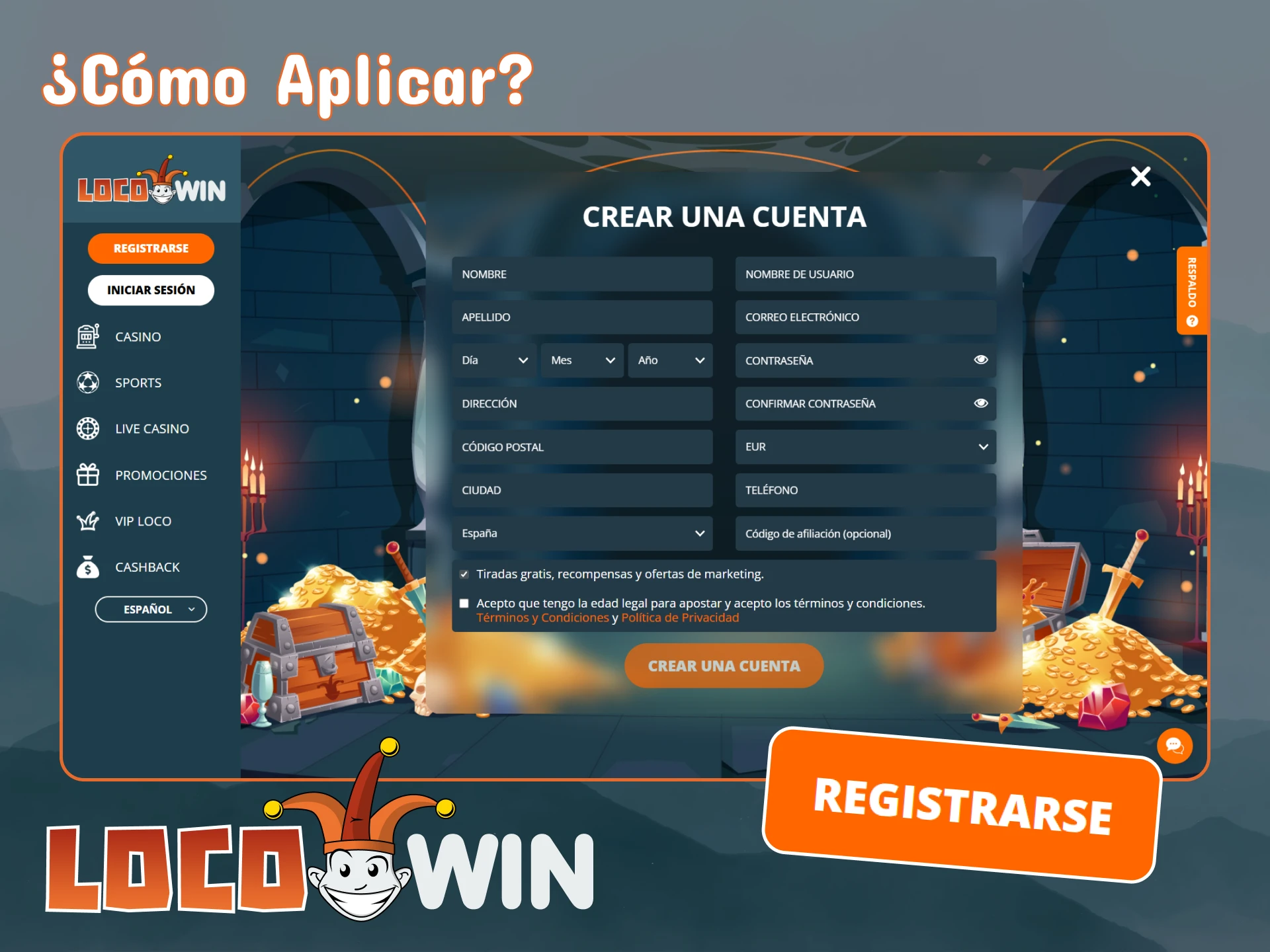 Regístrese en LocoWin e introduzca un código promocional en el campo correspondiente.