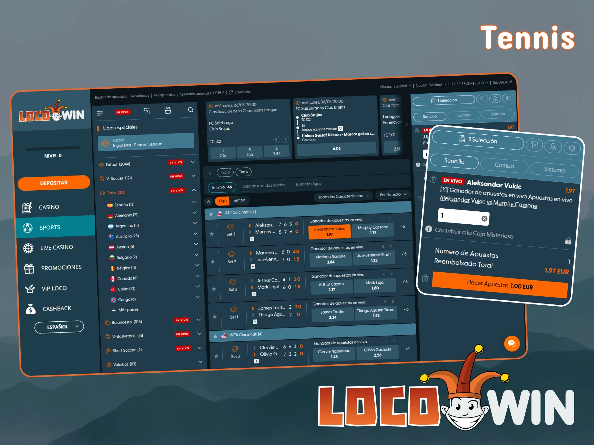 Elige un partido de tenis en el que apostar en LocoWin.